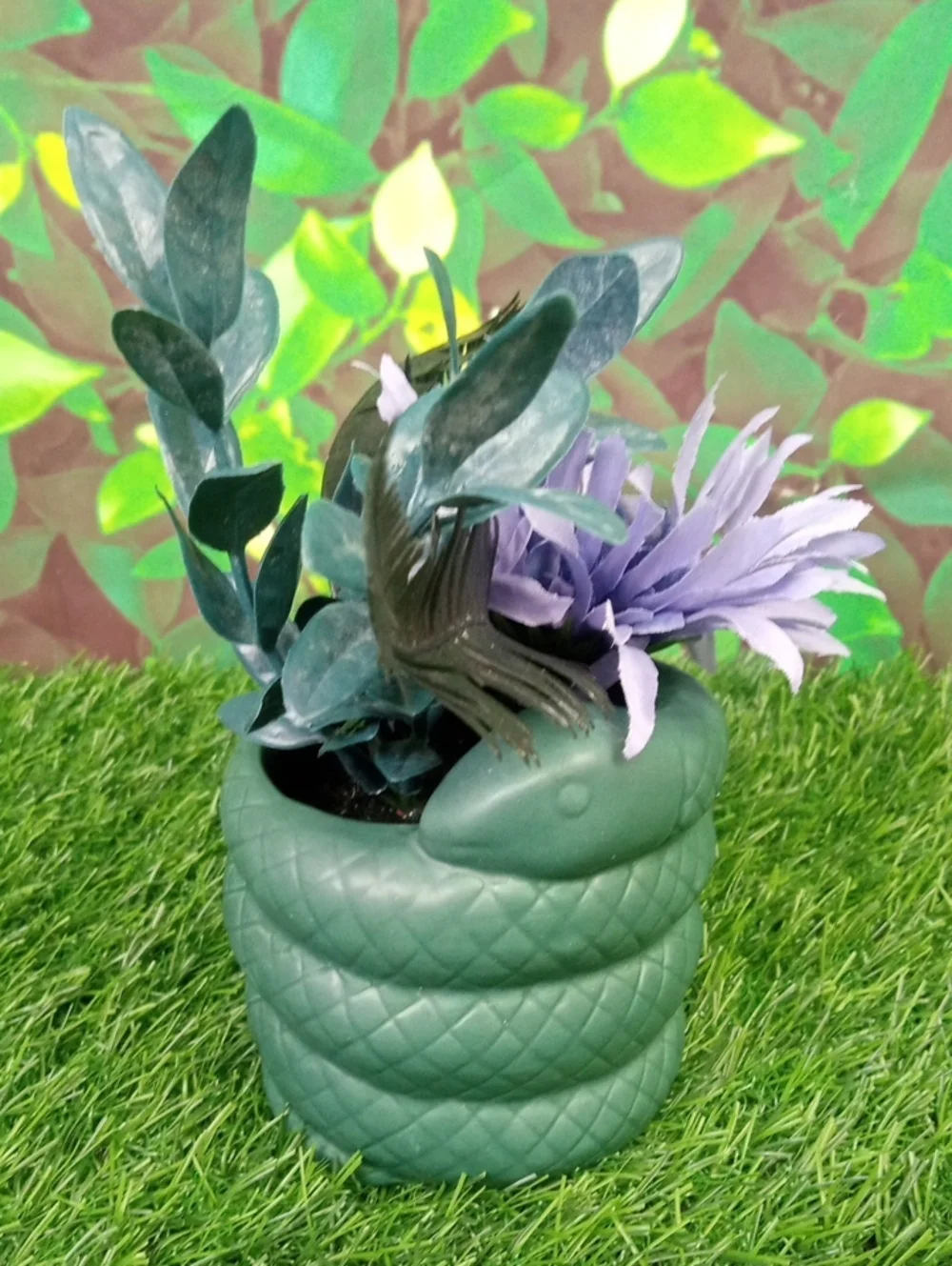 👻 Halloween Green Snake Planter with Purple Faux Flowers